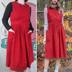 L.L. Bean Red Corduroy Button Dress Jumper Apron Pinafore Cottagecore Holiday